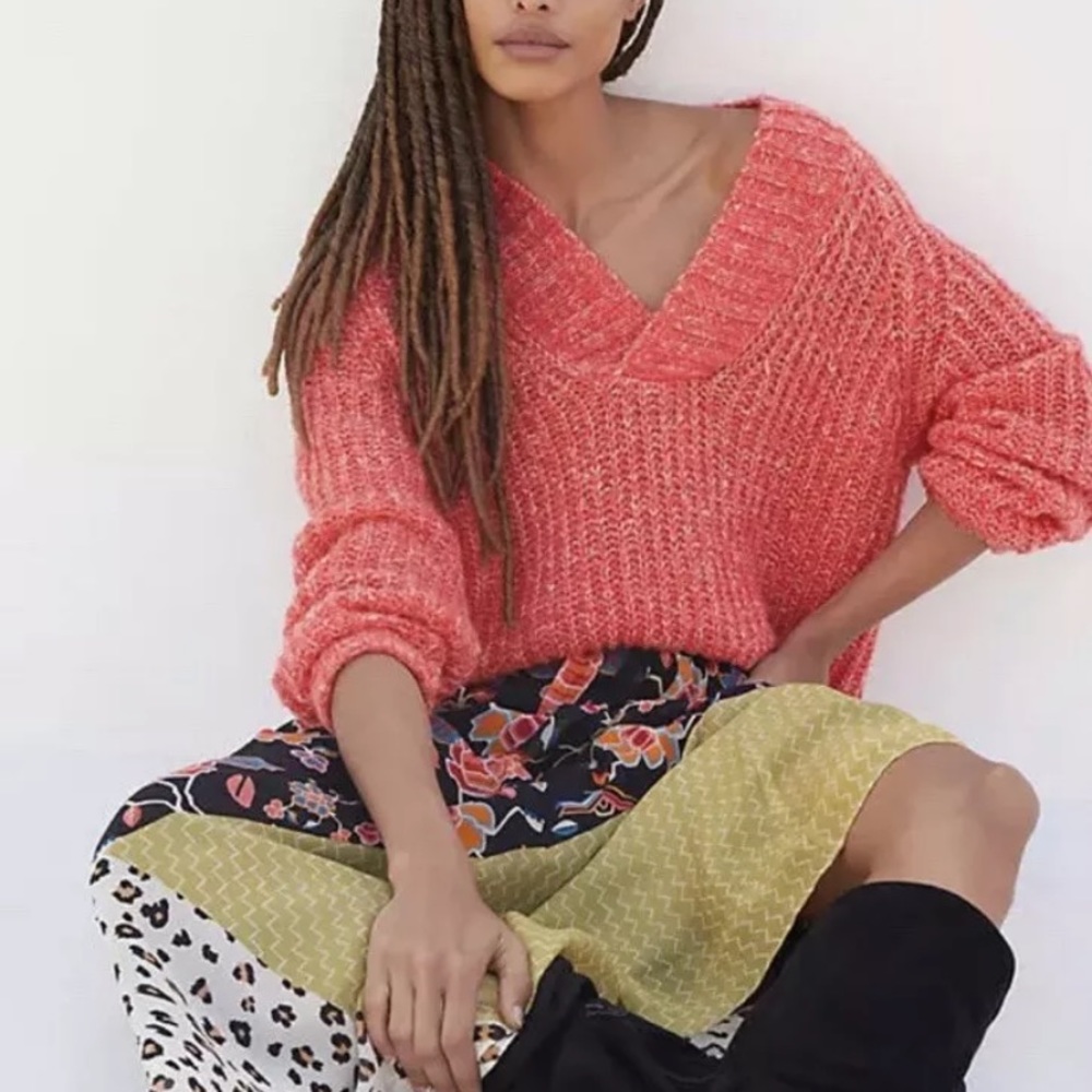 Anthropologie Honore Ribbed Pullover Sweater Pink Large Petite LP PL New NWT